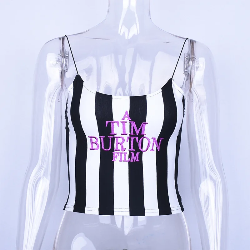 

Letter Embroidery Camis Women Sexy Crop Top 2021 Summer Sleeveless Skinny Camisole Black White Stripe Vests Tee TIM BURTON FILM