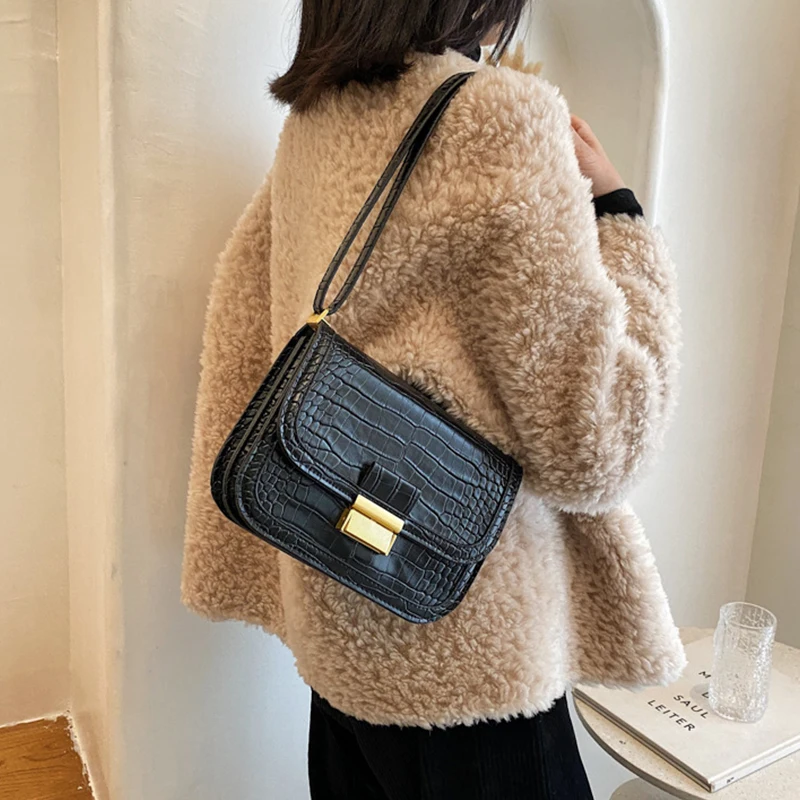 

Winter Exquisite Crocodile Pattern PU Handbag For Women Simple Solid High Sense Shoulder Bag Lady Designer Crossbody Bags Purses