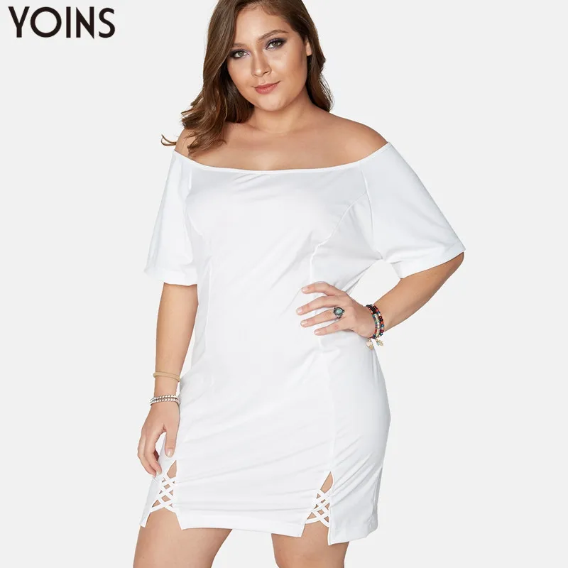 Женское мини платье YOINS белое Повседневное с открытыми плечами и коротким