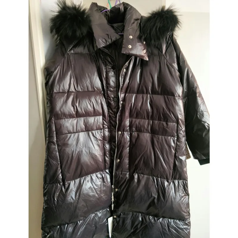 Женское длинное Свободное пальто с большим меховым воротником из 100% меха енота