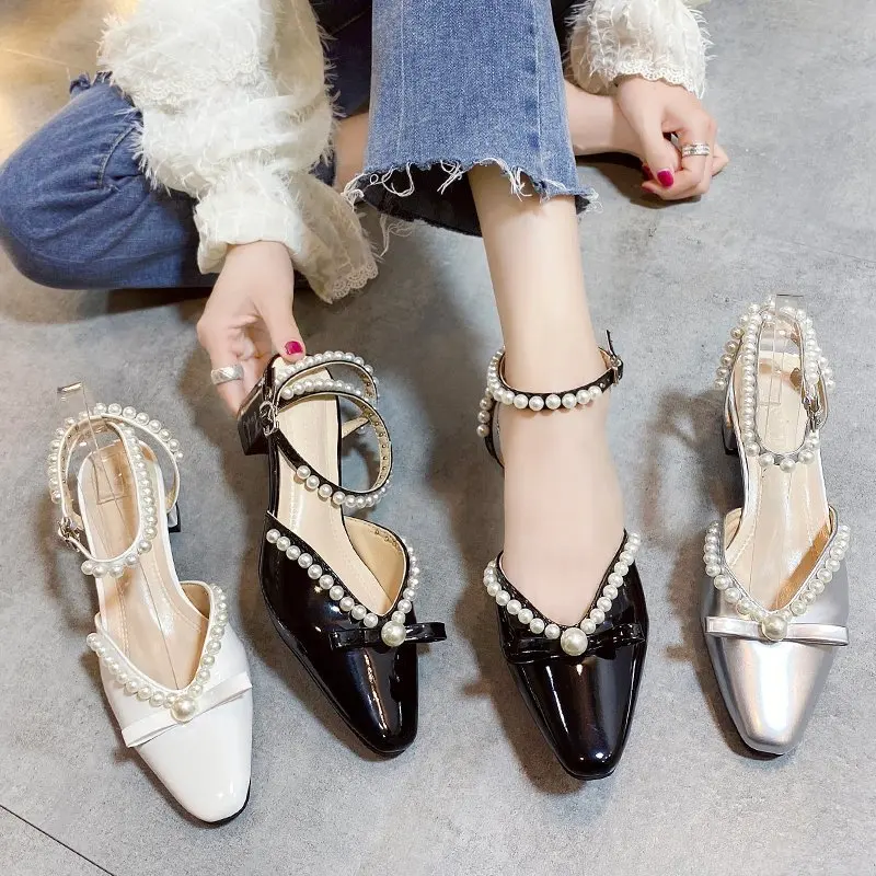 

2021 Spring Summer Party Women Pumps Sandals Ladies Slippers Heels Fashion Pearl Design Shoes Women Sandals Heels Female Shoes
