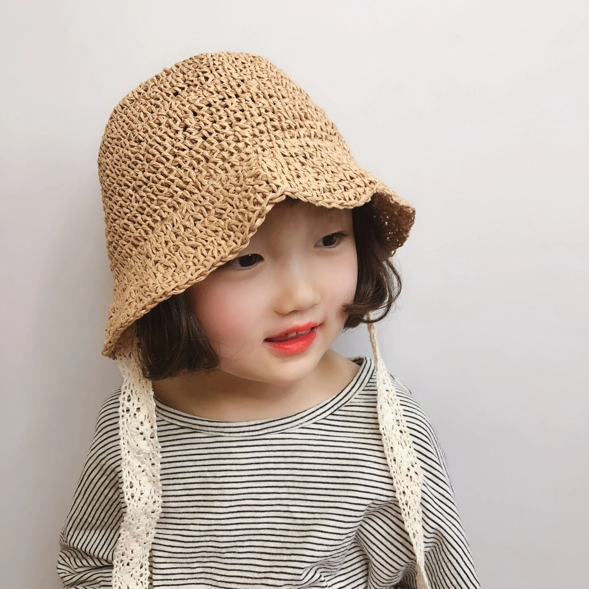 Sunshade Handmade Fisherman Caps Summer Spring Baby Girl Straw Hat Lace Windproof Cord Beach Sun Wide Brim Cute Floppy |