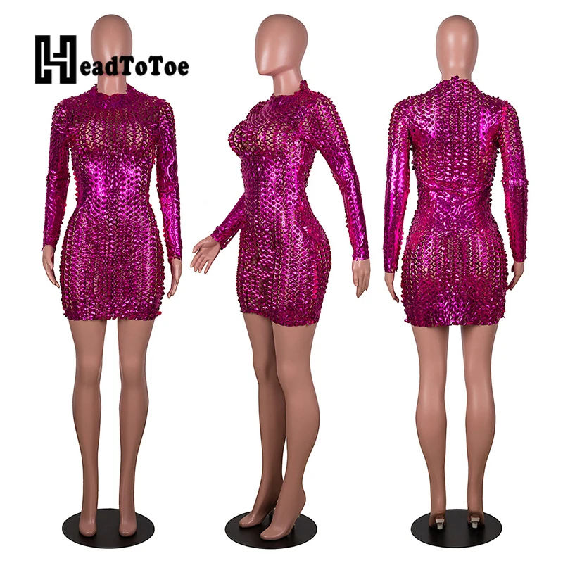 

Solid Hallow Out Perspective Sexy Club Dresses for Women Full Sleeve Round Neck Skinny Bodycon Dress