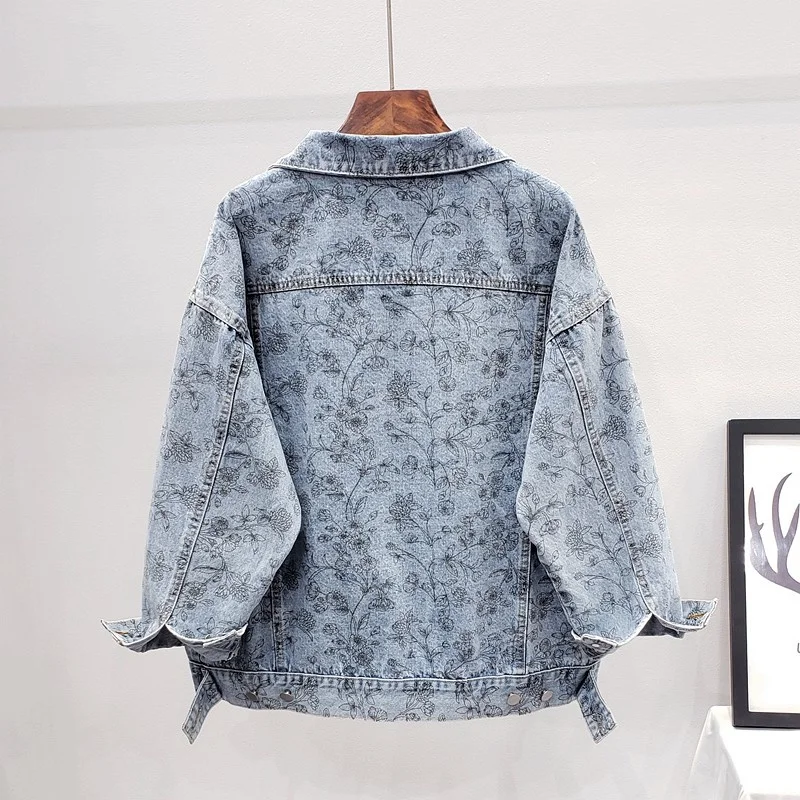 

Женская джинсовая куртка Harajuku, винтажная свободная повседневная куртка с длинным рукавом и принтом, уличная мода на весну и осень