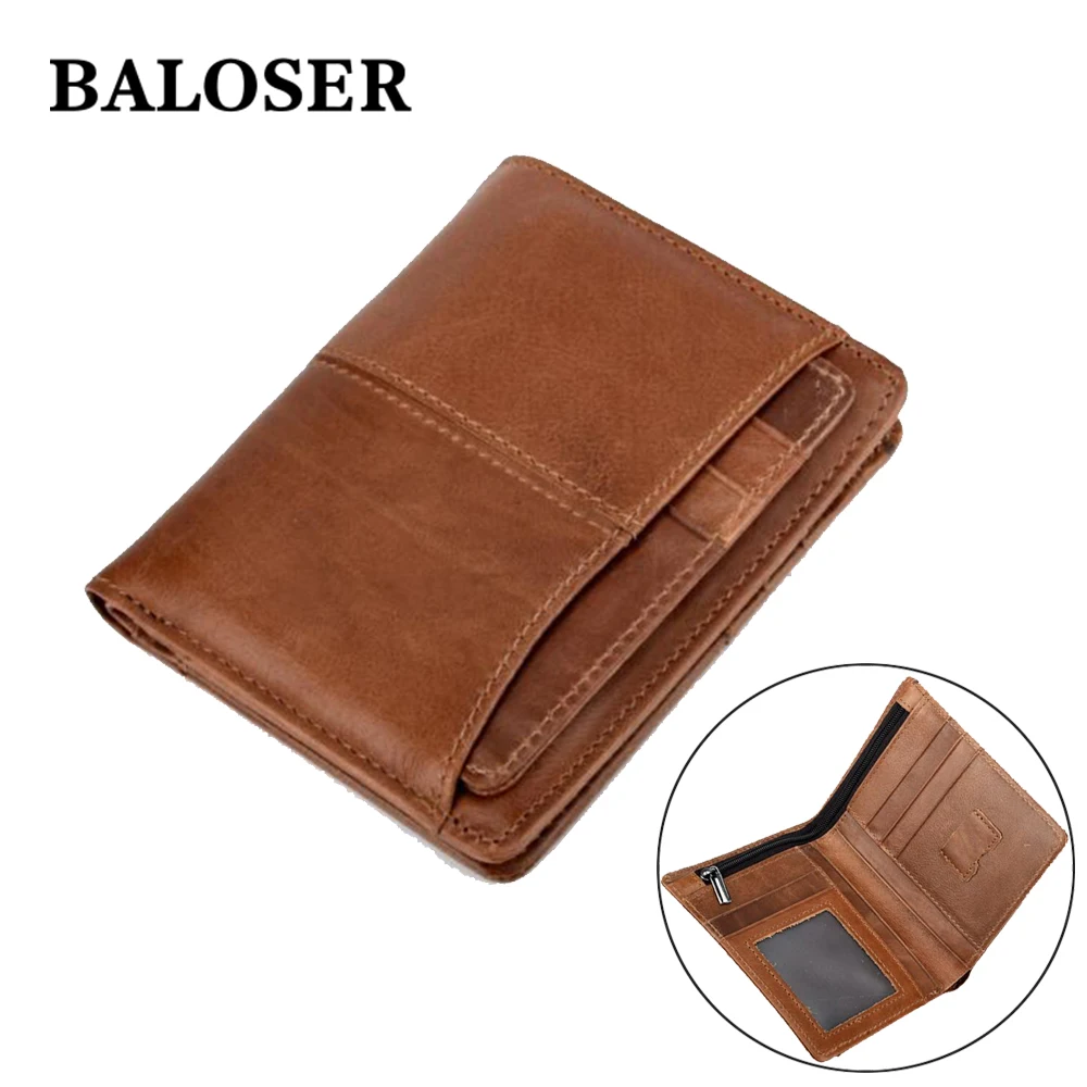 Men Oil Wax Genuine Leather Wallet Small Short Zipper Purse Retro Style Fashion Credit Card ID Holder Purse