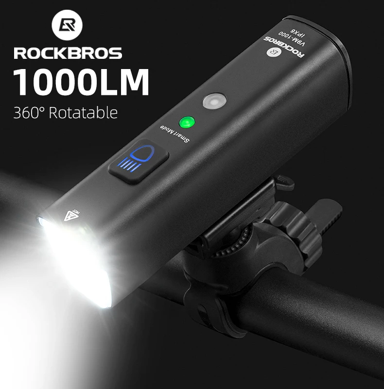 

ROCKBROS Front Bike Light Smart Vibration 1000Lumen Sensing 4000mAh Headlight 5 Modes USB LED Flashlight MTB Bike Accessories