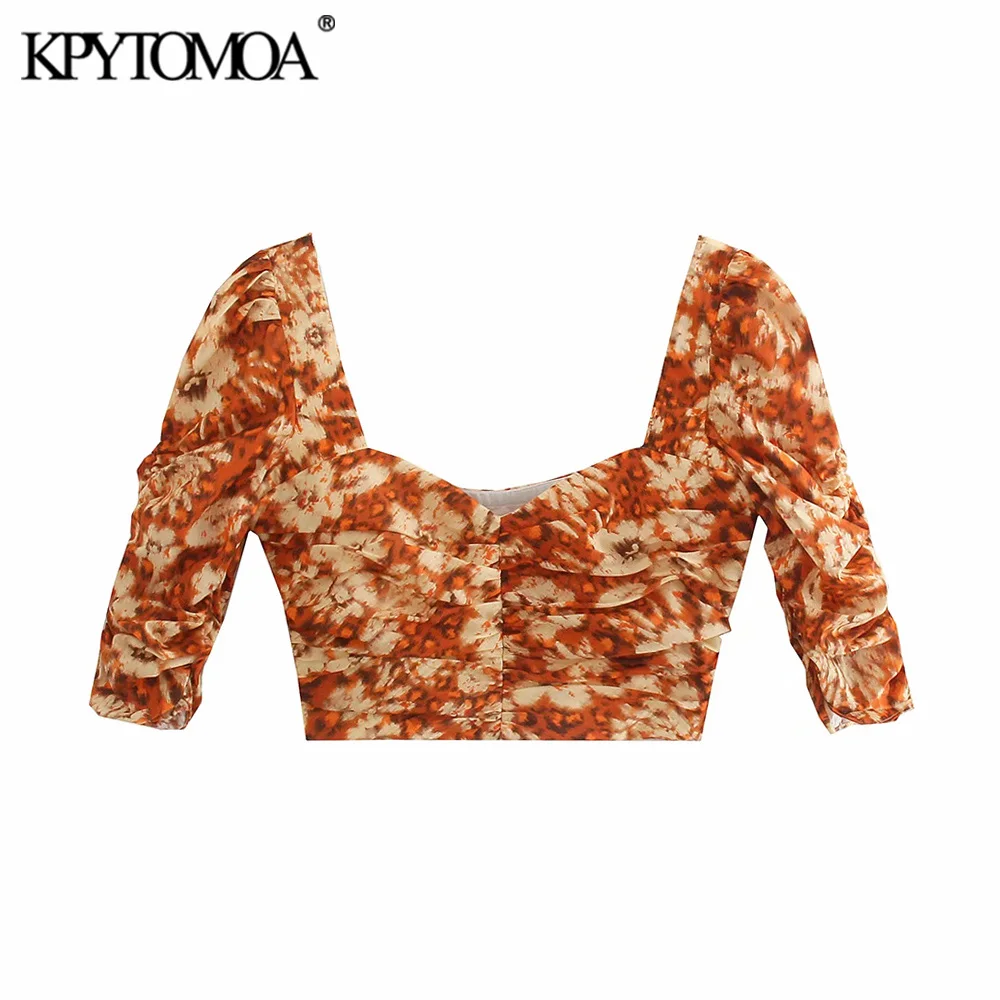 

KPYTOMOA Женская коллекция 2021 года, модные плиссированные укороченные блузки с цветочным принтом, винтажные женские рубашки с коротким рукавом...