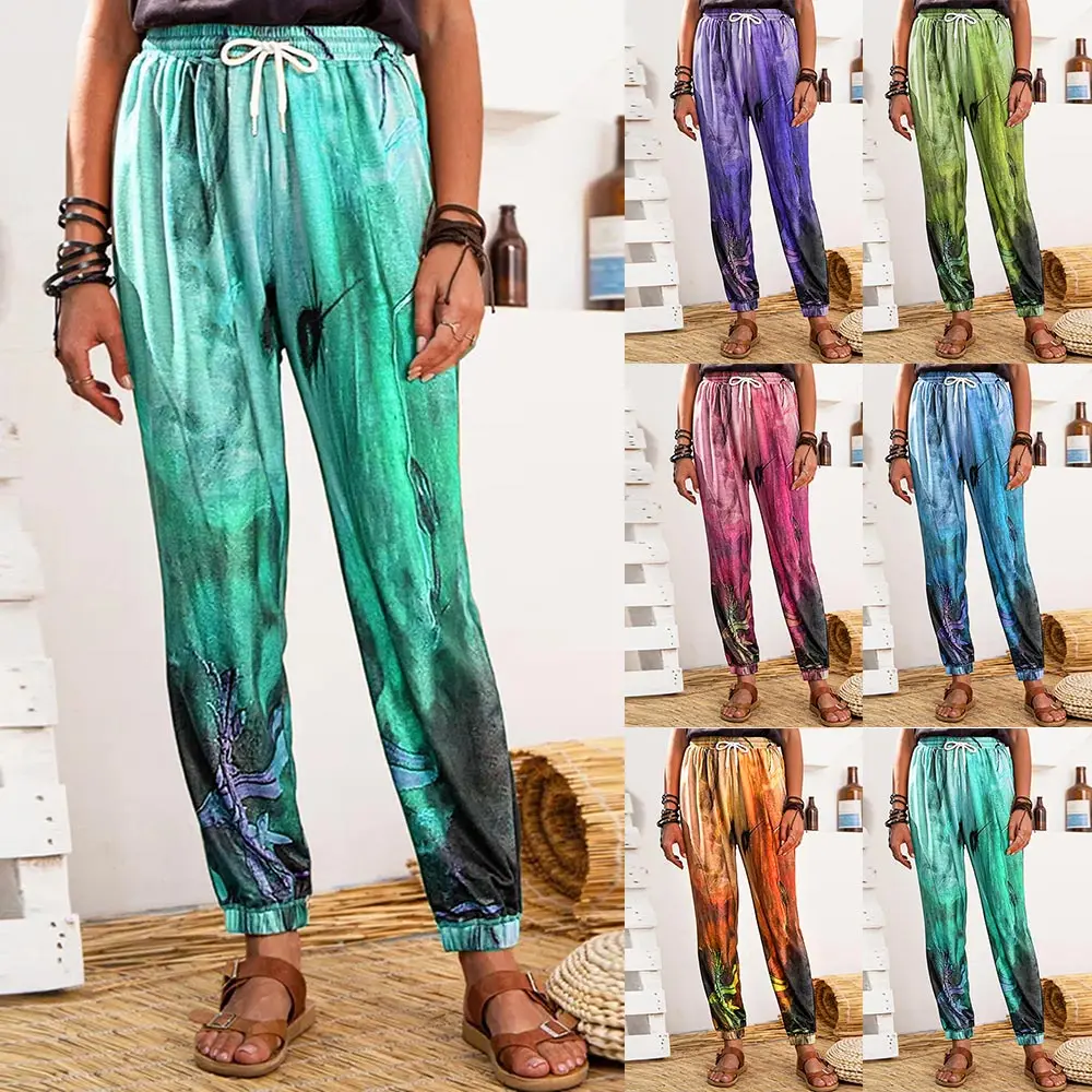 

Women Retro Graffiti Print Sports Long Pants Spring Autumn Casual Belt Bandage Fashion Vintage Trousers pantalon pour femme D30