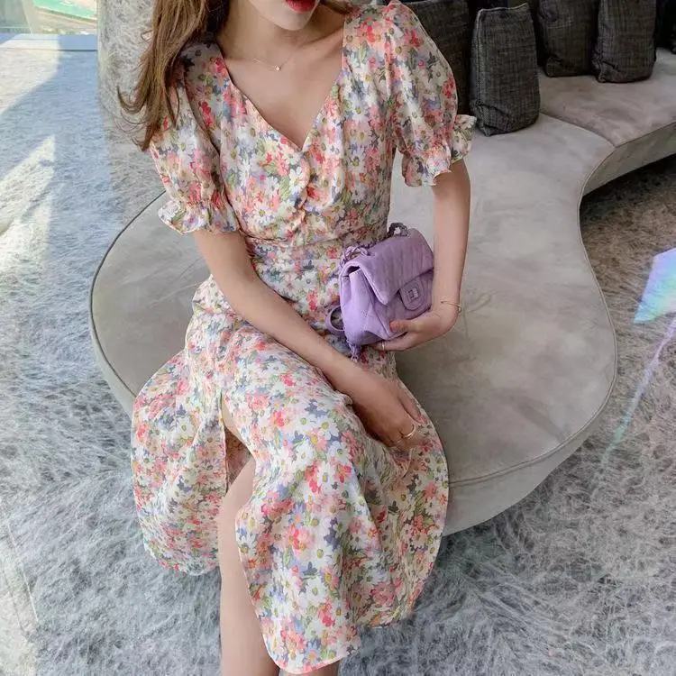 

Chiffon floral v-neck dress women's 2021 new summer waist slimming temperament French split long skirt