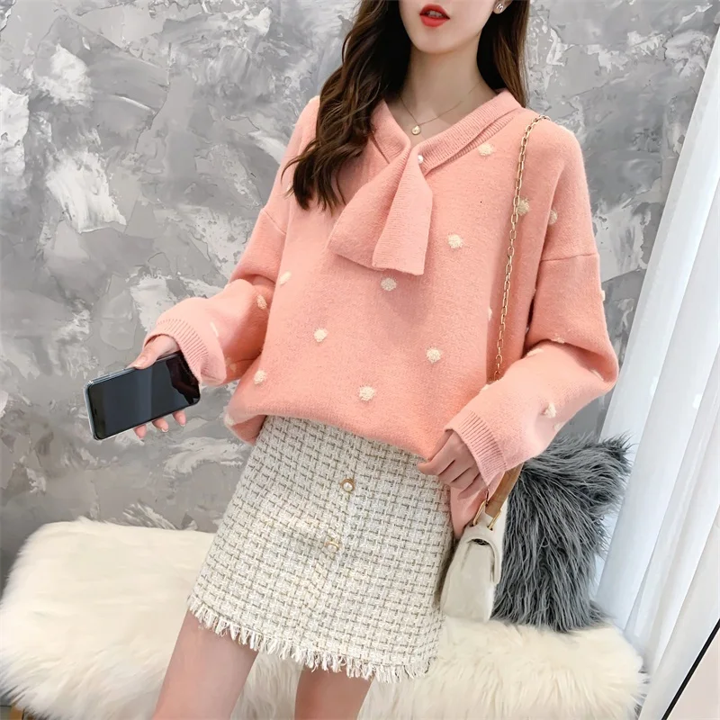 H.SA Women Winter Sweaters Long SLeeve Crew Neck Pink Pullover and Sweater Polka Dots Bow Sweaters Kawaii Knitwear Tops