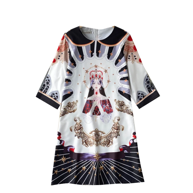 

European Station 2021 Early Spring New Printed Temperament Vestidos Female Round Neck Slim Mid-sleeve Midi Dress GL104