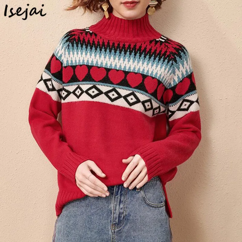 

Long Sleeve Mock Neck Sweater Women's Vintage Knitted Sweater Woman Autumn Winter Pullovers Jumper