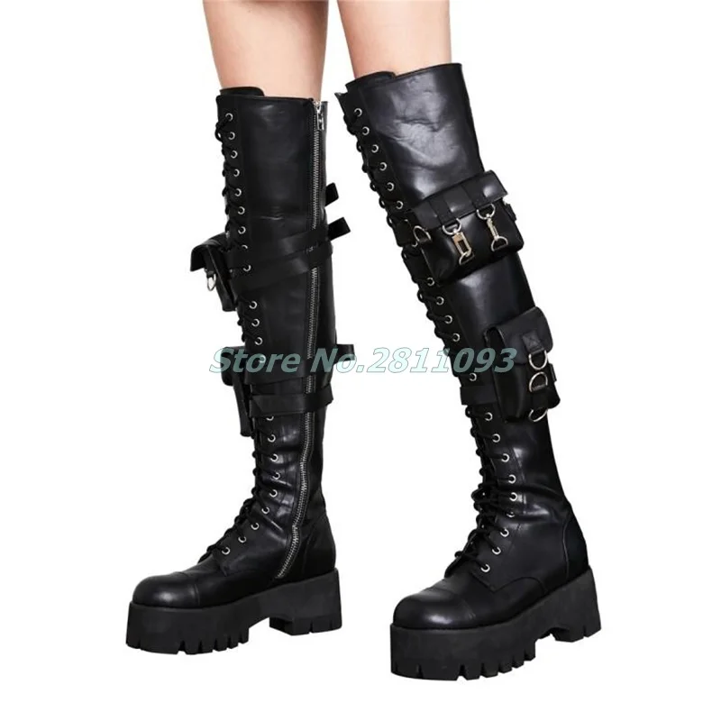 Knight Boots Black Leather Muffin Heel Knee High Runway Causal Winter Women Shoes Lace Up Bags Decor Motorcycle Boots Flat Heel