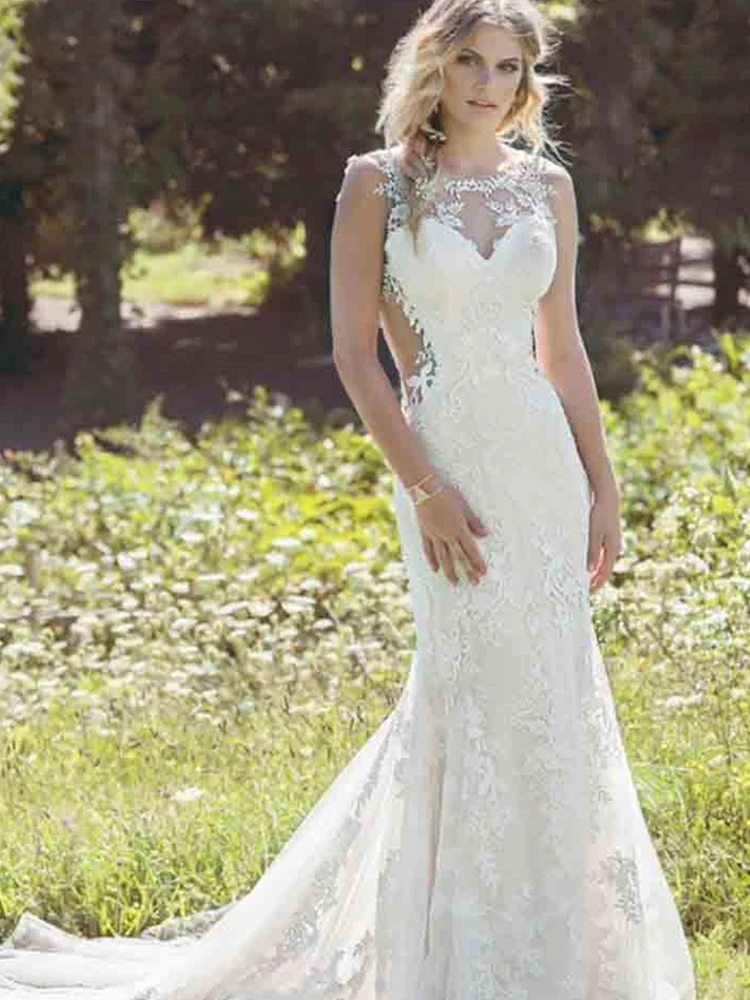 

YILIBER Mermaid wedding dress sleeveless luxury retro bridal dresses applique decoration lace plus size