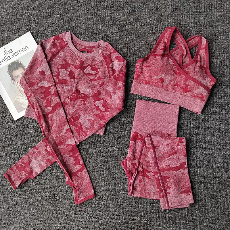 3PCS Women Camo Yoga Set Sports Bra + Leggings + Crop Top Seamless Workout Tights Gym Set Clothes Fitness Sports Suit Female