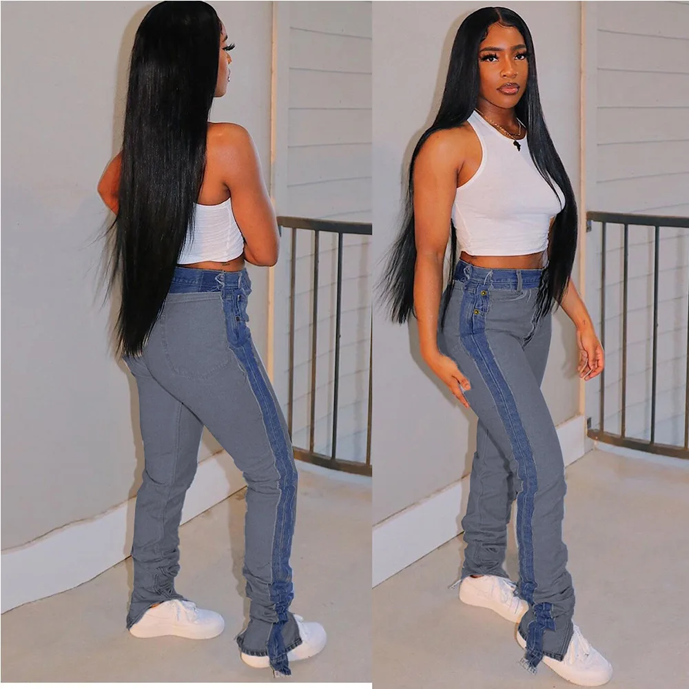 

Patchwork Scratches Split Denim Jeans Vintage High Waist Women Boot Cut Pants Skinny Ripped Blue Autumn Winter Trousers