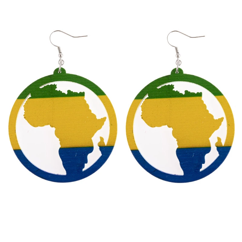 

Africa Map Element Colored Wooden Earrings For Women Silver Alloy Ear Hook Round Eardrop Ethnic Dangler Summer Hot Jewelry 1pair