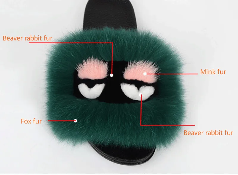 F.N.JACK Women Monster Fur Slippers Fluffy Real Fox Hair Sandals Plush Soft Flat Home Flip Flops Casual Cute Animal Shoe | Обувь