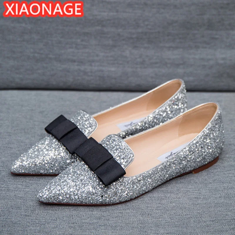 

Bridesmaid wedding shoes pointed toe shoes shiny low heel shallow mouth sequins 2021 new casual fashion all-match
