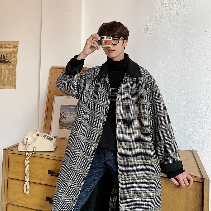 

2019 UYUK Winter New Thick Lapel Long Trench Coat Plaid Casual Fashion Temperament Men's Wool Masculino Homme Hombre