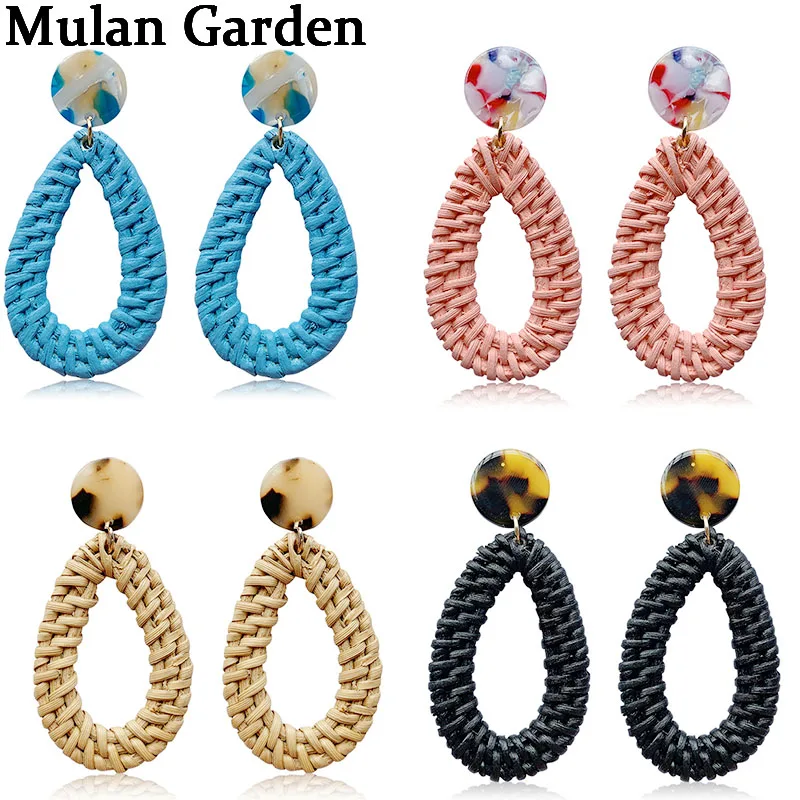 

M&G 10 Colors Wood Rattan Weave Raffia Acrylic Alloy Earrings Geometric Pendant Earrings Minimalist Jewelry Fashion Girl Gifts