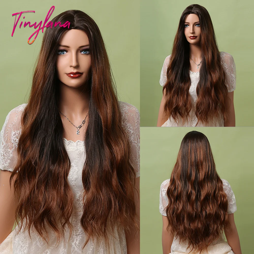 

TINY LANA Ombre Black Brown Synthetic Wig Middle Part Long Body Wavy Wig For Black Women Cosplay Daily Use Heat Resistant Fiber