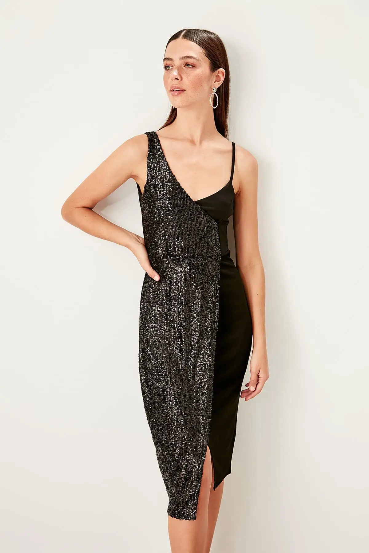 Trendyol черное двубортное платье с блестками TPRSS19YL0007|Женские платья| |