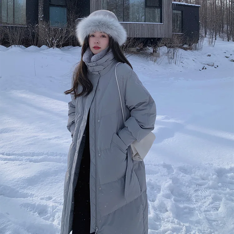 

Новинка Зима 2021, женский корейский пуховик, утепленный и длинный пуховик выше колена, пальто с поясом и большим меховым воротником