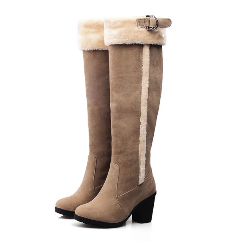 Теплые зимние сапоги на толстом меху женские до колена бедра с круглым носком