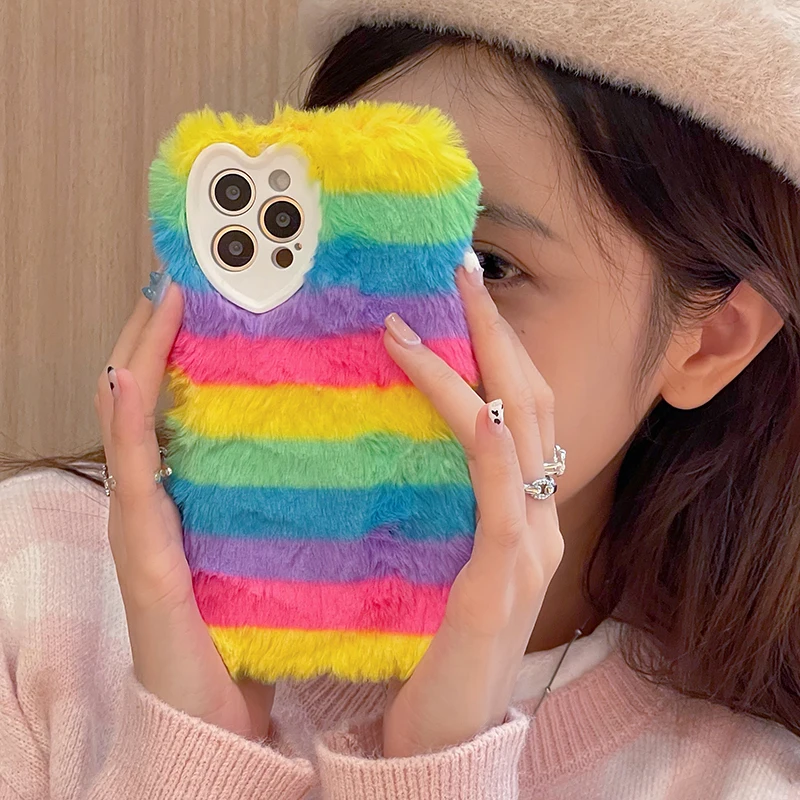

Радужный плотный Пушистый Плюшевый чехол для телефона iPhone 13, 12, 11 Pro Max, X, XR, XS Max, 7, 8 Plus, теплый пушистый меховой чехол с сердечками и окошком