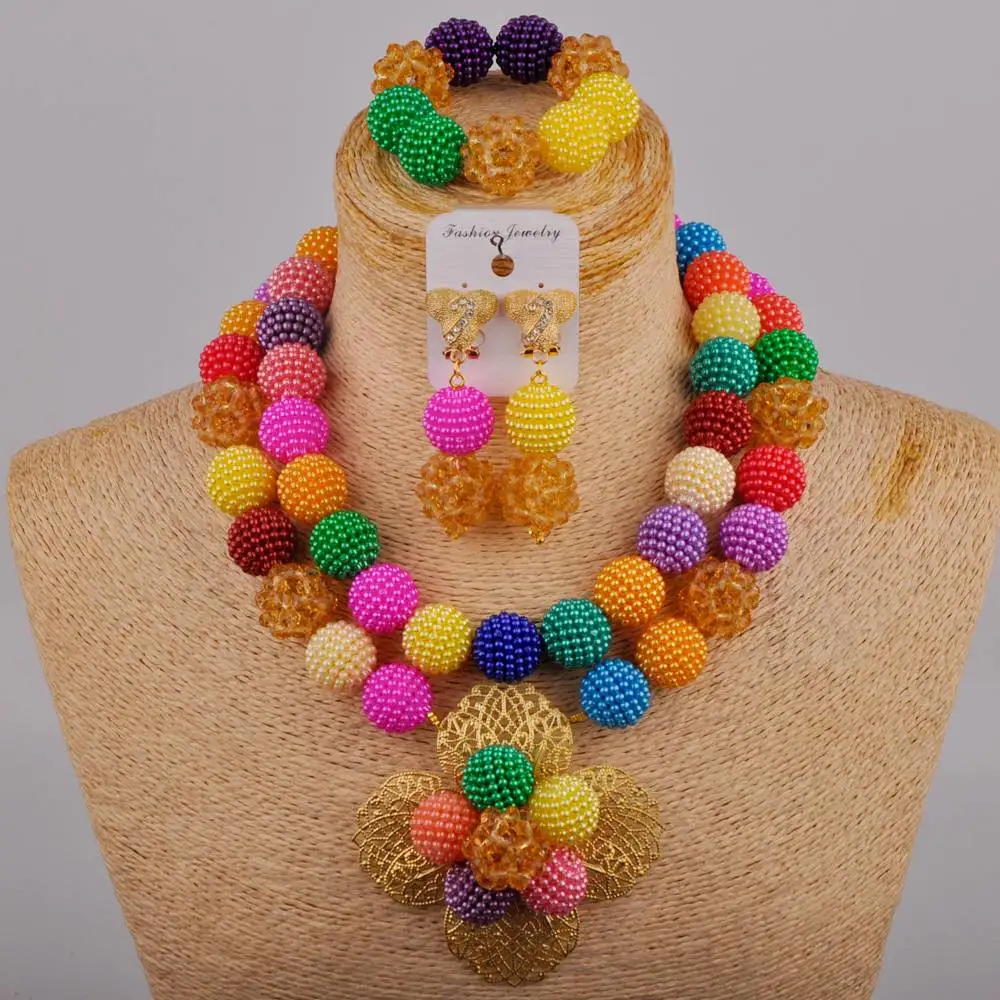 

Multicolor African Beads Jewelry Set Simulated Pearl Nigerian Wedding Necklace Costume Jewelry Set