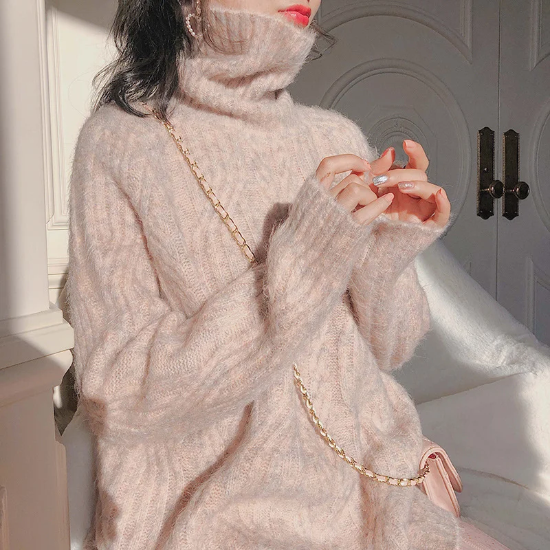 

2021 hot sale spring and autumn new fashion sexy loose knitted sweaters solid casual female turtleneck for women