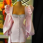 Женское вечернее платье с длинным шлейфом, розовое Элегантное короткое платье для выпускного вечера с пышными длинными рукавами, на пуговицах с кристаллами, для коктейвечерние, индивидуальный пошив