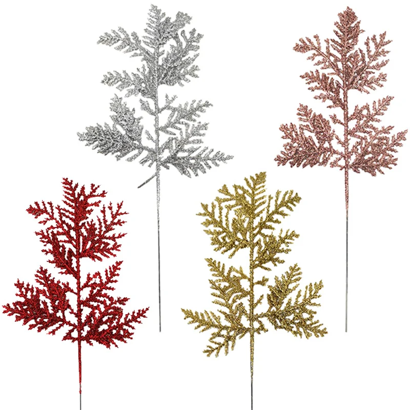 10pcslot artificial plants pine branches christmas tree decoration gold glittering sequin material home decor accessories free global shipping