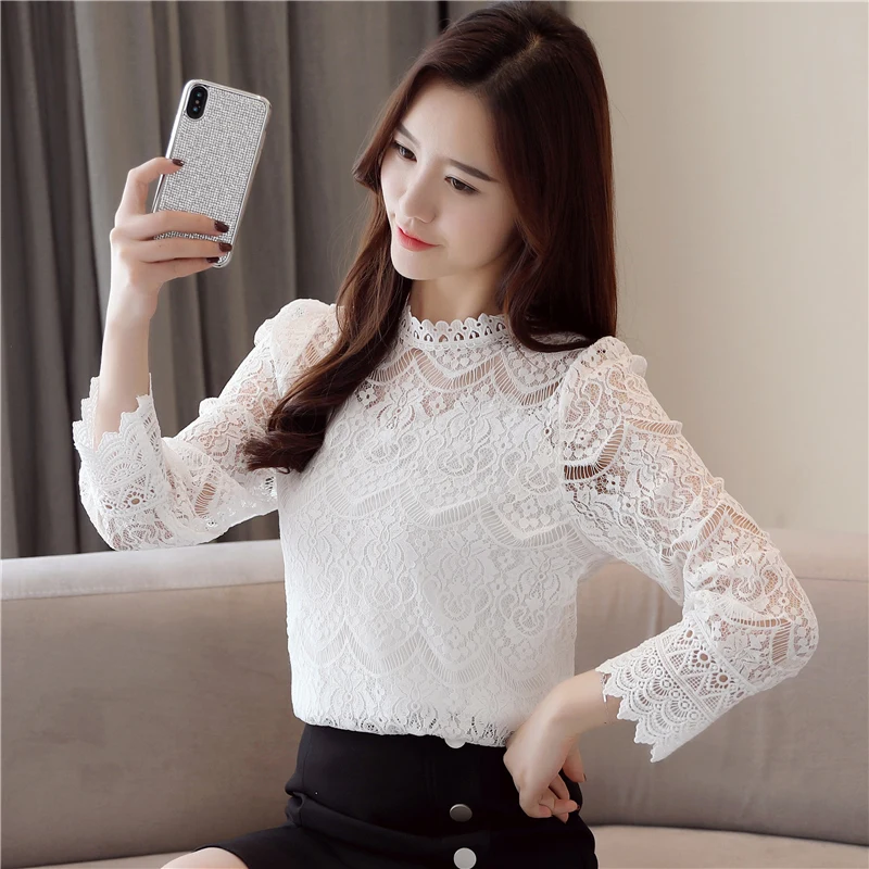 

New Plus velvet Ladies White Long Sleeve Lace Ruffle Tops Lace Blouses Women Hollow out Elegant Casual Blouses shirt blusa 809C