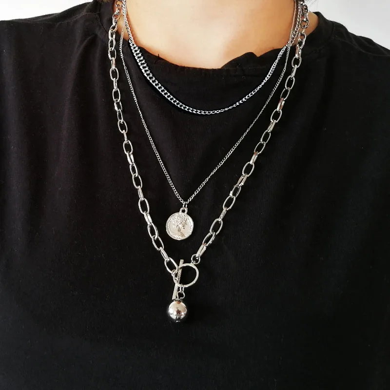 

Kpop Punk Men's Necklaces Multi-layers Chain Ball Pendants Necklaces Long Collars Hiphop Women Cuban Link Necklaces Jewelry Gift