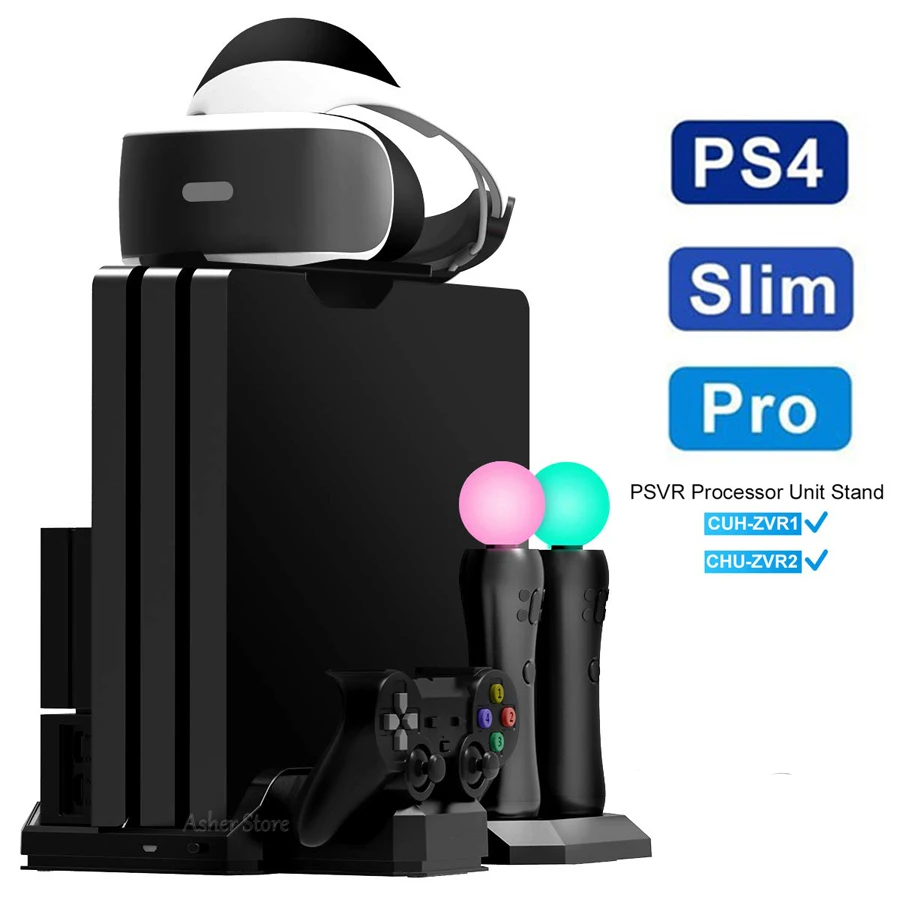 Вертикальная подставка для PS4 Pro Slim PS VR 2 охлаждающих вентилятора 3 контроллера