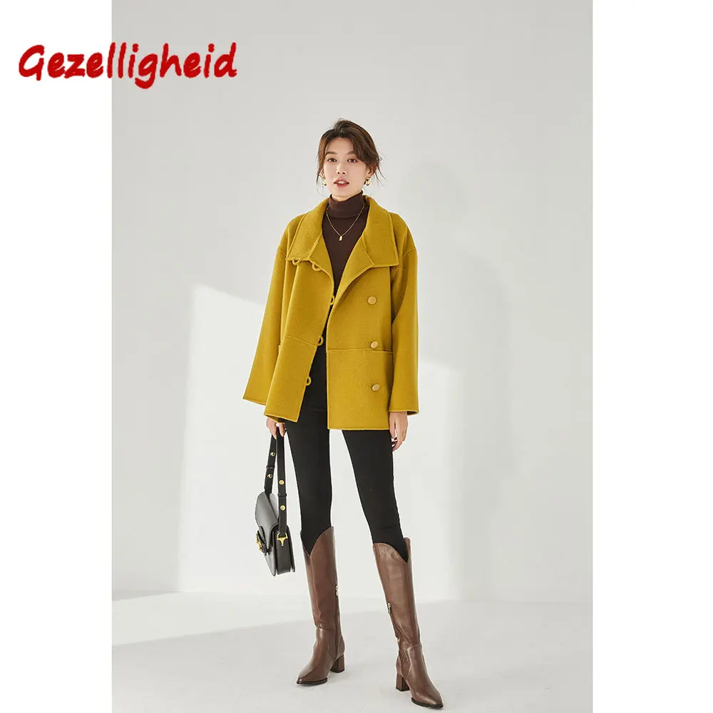 

Gezelligheid 2021 Winter New Stand Collar Leisure British Style Show High Show Thin Loose Short Double-sided Coat For Women