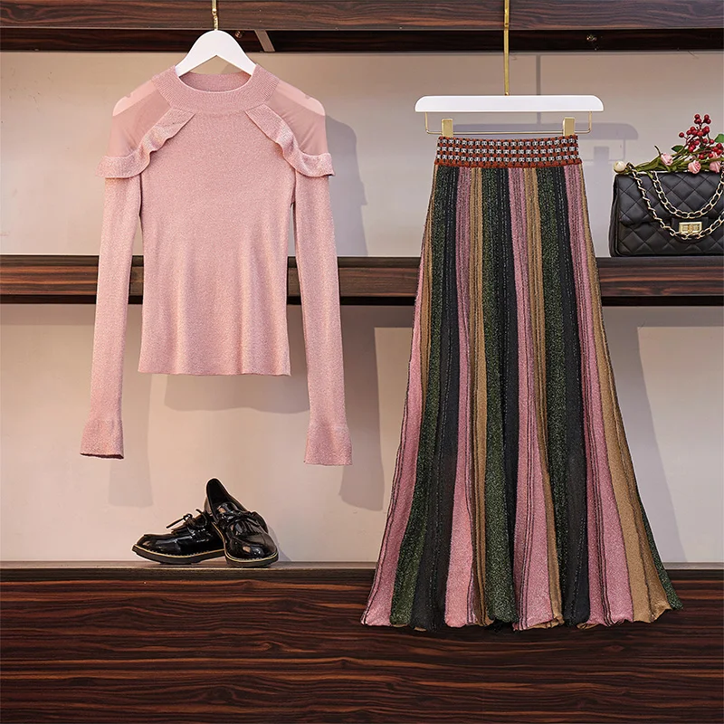 Женский комплект из 2 предметов розовый трикотажный свитер с оборками + длинная