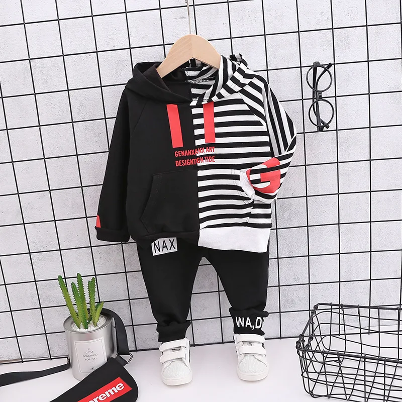 Spring Autumn Children Clothes Boys Striped Hooded T Shirt Letter Pants 2pcs/Sets Kids Toddler Cotton Clothing Baby Tracksuits |