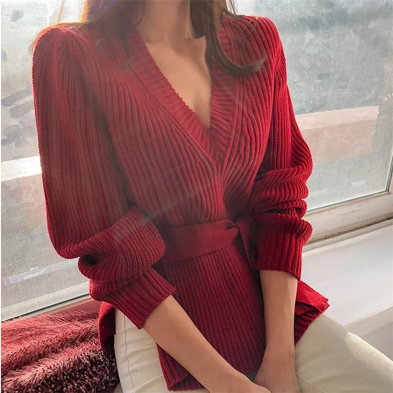 2019 autumn winter women's sweater v neck long sleeve lace up knitted tops korea P347 | Женская одежда