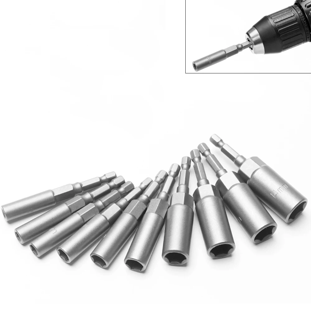 

1PCS 80mm Length Deepen Power Nut Driver Drill Bit 5.5-19MM Impact Socket Adapter For Power Tools 6.35MM Hex Shank