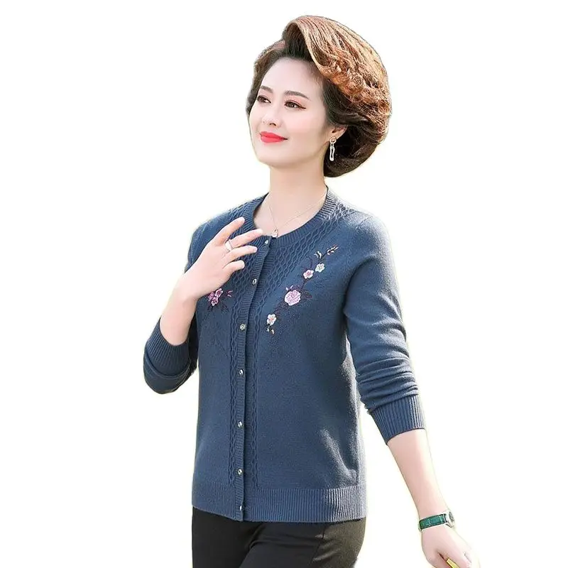 

Knit Cardigan Sweater Middle-Aged Elderly Mothers Spring Autumn Knitting Ladies Jacket Neck Single Breasted Loose Women Sweater