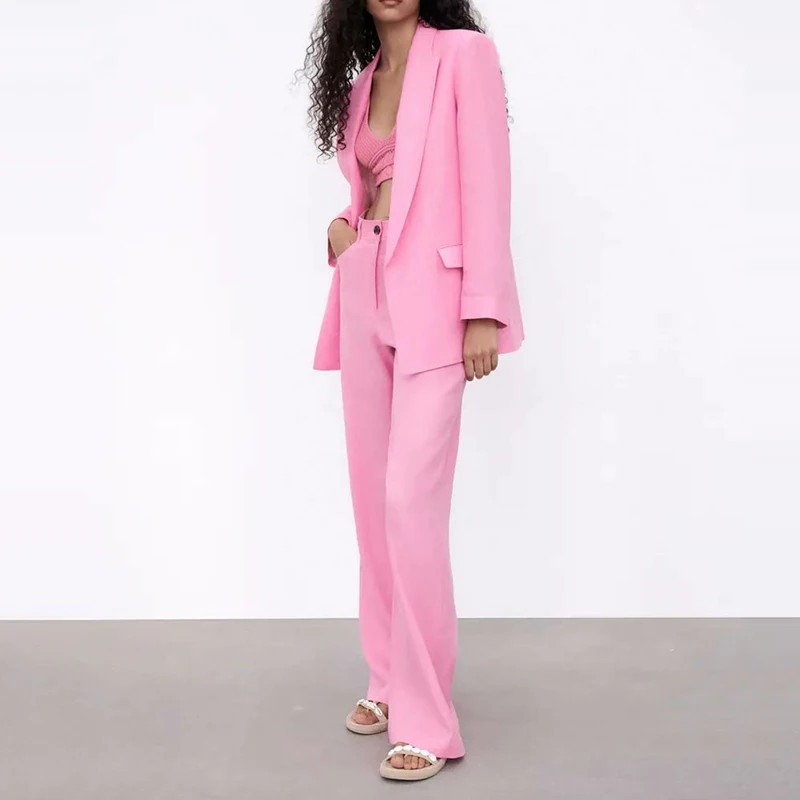 

Za Suits Office Pink Women Suits & High Waist Pants + Suit Fall 2021 New Fashion Simple Casual Street Youth Elegant Women Suits