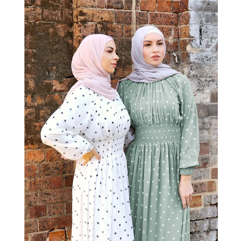 Женское платье в горошек с высокой талией, винтажное мусульманское платье абайя, турецкий исламский кафтан, Элегантная Модная одежда с длин...