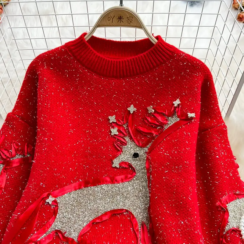 Свитер новинка зимы 2022 модный Рождественский Яркий шелковый Свободный Красный