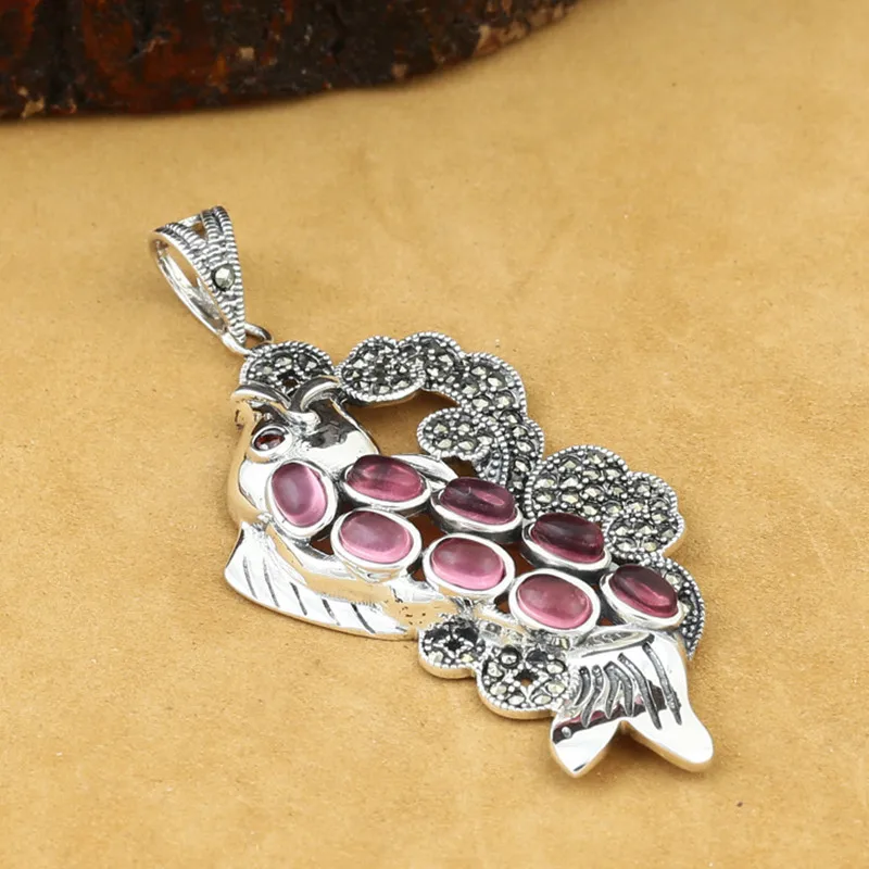 

925 Sterling Silver Jewelry Retro Thai Silver Men And Women Models Inlaid Marcasite Fish Delicate Garnet Pendant