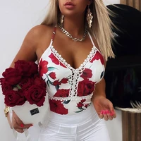 2022 summer women sexy tops sling tee shirts v neck skinny vest tanks spaghetti strap lace trim floral print top