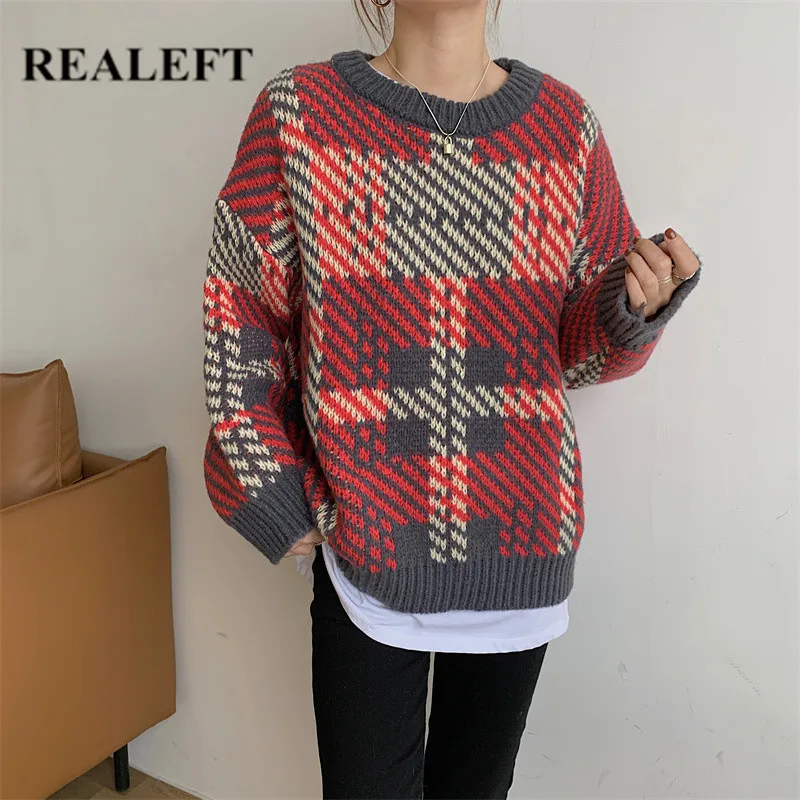 

REALEFT 2021 New Autumn Winter Women's Sweaters Vintage Long Sleeve Round Neck Casual Loose Plaid Women's Pullovers Tops Female