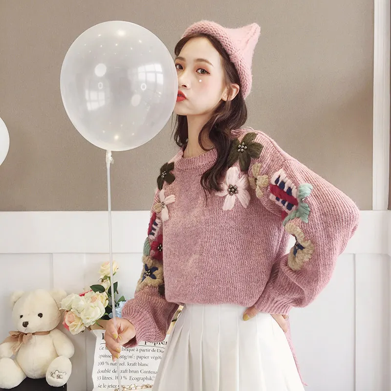 Женский вязаный свитер MUMUZI свободный винтажный с цветочной вышивкой зимний 2020 |